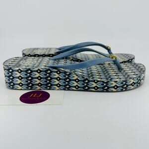 Tory Burch Women's Thandie Wedge Blue Ikat Thong Flip Flop Sandals Size 8